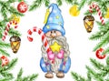 Gnome with Christmas Star and candy cane in Christmas Eve. Little gnome in funny blue cap and spruce frame. Cute holidays gnome