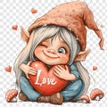 Gnome clipart, cute valentine watercolor girl gnome with big red heart clip art