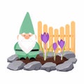 Garden gnome in green clothes in crocus flowers in a flower bed. Garden decor. Royalty Free Stock Photo