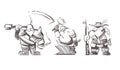 Gnome and dwarfs: blacksmith, gunslinger and warrior sketch hand drawn vector illustration