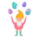 Gnome with Easter eggs in cartoon style isolated on a white background. Spring festival with colorful eggs and patterns. A gnome Royalty Free Stock Photo