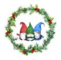 Gnome family christmas wreath - spruce, pine branches, mistletoe. Watercolor round garland with scandinavian dwarves