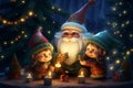 Gnome family decorating a Christmas tree with ornaments