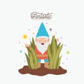 Gnome fantastic character coming out of the bushes with costume and colorful sparks and stars on white background
