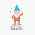 Gnome fantastic character greeting expression with costume and colorful sparks and stars on white background