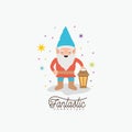 Gnome fantastic character with hand lamp with costume and colorful sparks and stars on white background