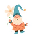 Gnome with flower. Cute garden dwarf in costume and hat. Yard decoration element, fairy tale character, blue and orange