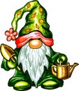 Gnome gardener in a green cap with a pink flower, a watering can and a garden spatula in his hands.