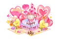 Gnome in gift box with heart and rose . Watercolor painting design . Valentine day concept . White isolate background .
