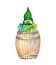 Gnome on green celtic colors with lucky clover with four leaves on wooden barrel with beer. Watercolor card for Saint