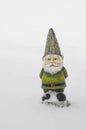 Gnome with green suit and hat out in country field standing in pure white snow