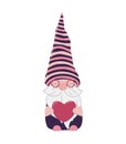 Gnome holding heart vector illustration. Valentine\'s day greeting card. Scandinavian romantic character sending love