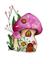 Gnome House Watercolor Illustration Hand-painted Cute Childish Cartoon Fantasy Fairytale