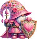 gnome knight in pink woolen armor with floral patterns, holding a heart-shaped shield.