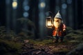 Gnome with a lantern exploring a forest at night in fantasy world