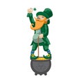 Gnome leprechaun. Fairy-tale character for Saint Patricks Day. Rich dwarf man with pot of gold coins. Vector illustration. Royalty Free Stock Photo