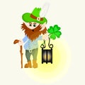 gnome or leprechaun with a magic four-leaf and with a lantern - graphics. Valentine Day, gift, congratulations, love.