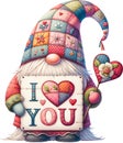 Gnome with long hat holding a cute sign read I Love You, valentine\'s day.