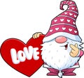 Cute Gnome Lover Cartoon Character Holding A Red Heart With Text Love