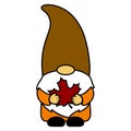 Gnome with a maple leaf. Thanksgiving Day. Vector illustration. Cute autumn character