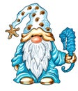 Gnome with marine accessories seahorse, starfish, seashells in aqua color. Royalty Free Stock Photo