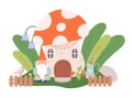 Gnome and mushroom house. Garden dwarf, plants and bird. Cartoon magic tale composition. Forest magical characters