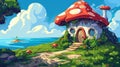 Gnome mushroom house on a sea island. Modern illustration of fairytale scenery, a hut with a porch and round windows on Royalty Free Stock Photo