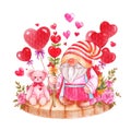 Gnome and pink bear doll . Watercolor painting design . Valentine day concept . White isolate background . Illustration Royalty Free Stock Photo