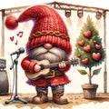Gnome playing guitar wear red dress and long hat Royalty Free Stock Photo