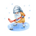 Gnome playing hockey watercolor hand painted illustration