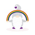 A male gnome holding a rainbow