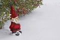 Gnome with red hat and suit standing in the snow