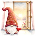 Gnome with red heart near window beautiful view, sunset, golden light