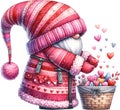 gnome in a red and pink woolen outfit with zippers, preparing a gift basket full of hearts and sweets, valentine\'s day.