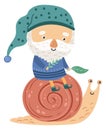 Gnome riding snail. Cute tiny fairytale character Royalty Free Stock Photo