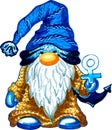 Gnome sailor in blue striped hat and beige knitted raincoat holding anchor in his hand.