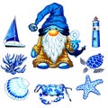 Gnome sailor in blue striped hat and beige knitted raincoat holding anchor in his hand with marine accessories blue color