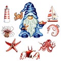 Gnome sailor in blue striped hat with marine accessories red-brown color.