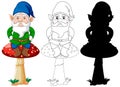 Gnome sitting on mushroom in color and outline and silhouette in cartoon character on white background Royalty Free Stock Photo