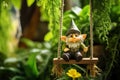 Gnome sitting on a swing made from a leaf in fantasy world