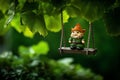 Gnome sitting on a swing made from a leaf in fantasy world