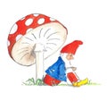 Gnome sitting under mushroom