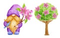 Gnome with spring flowers, bird and apple tree. Watercolor drawing. Garden gnome clipart