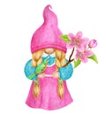 Gnome with spring flowers and bird. Watercolor drawing. Garden girl gnome clipart Royalty Free Stock Photo