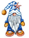 Gnome with a steering wheel in his hands in a dark blue raincoat and cap with starfishes.