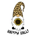 Gnome with a sunflower. Phrase Happy Fall. Thanksgiving Day. Vector illustration