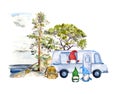Gnome travel - trailer car, pine tree and lake landscape, gnomes family. Summer trip, automobile tourism watercolor