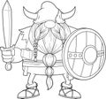 Outlined Angry Gnome Viking Cartoon Character With Sword And Shield