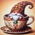 gnome wearing a cap made of coffee beans holding a large mug Royalty Free Stock Photo