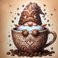 gnome wearing a cap made of coffee beans holding a large mug Royalty Free Stock Photo